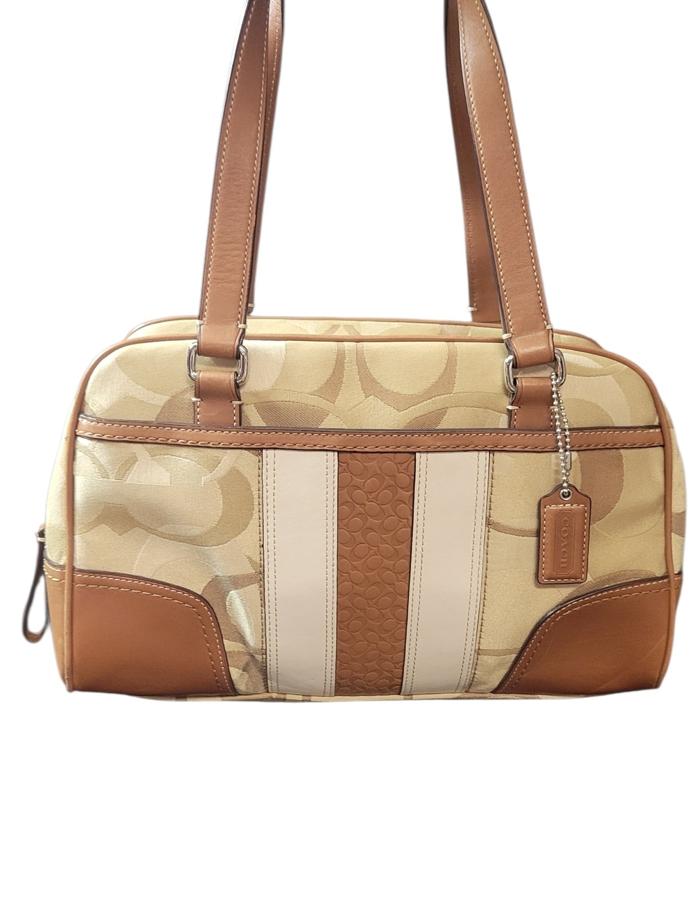Coach Hampton Tan and Cream Signature Stripe Shoulder Bag